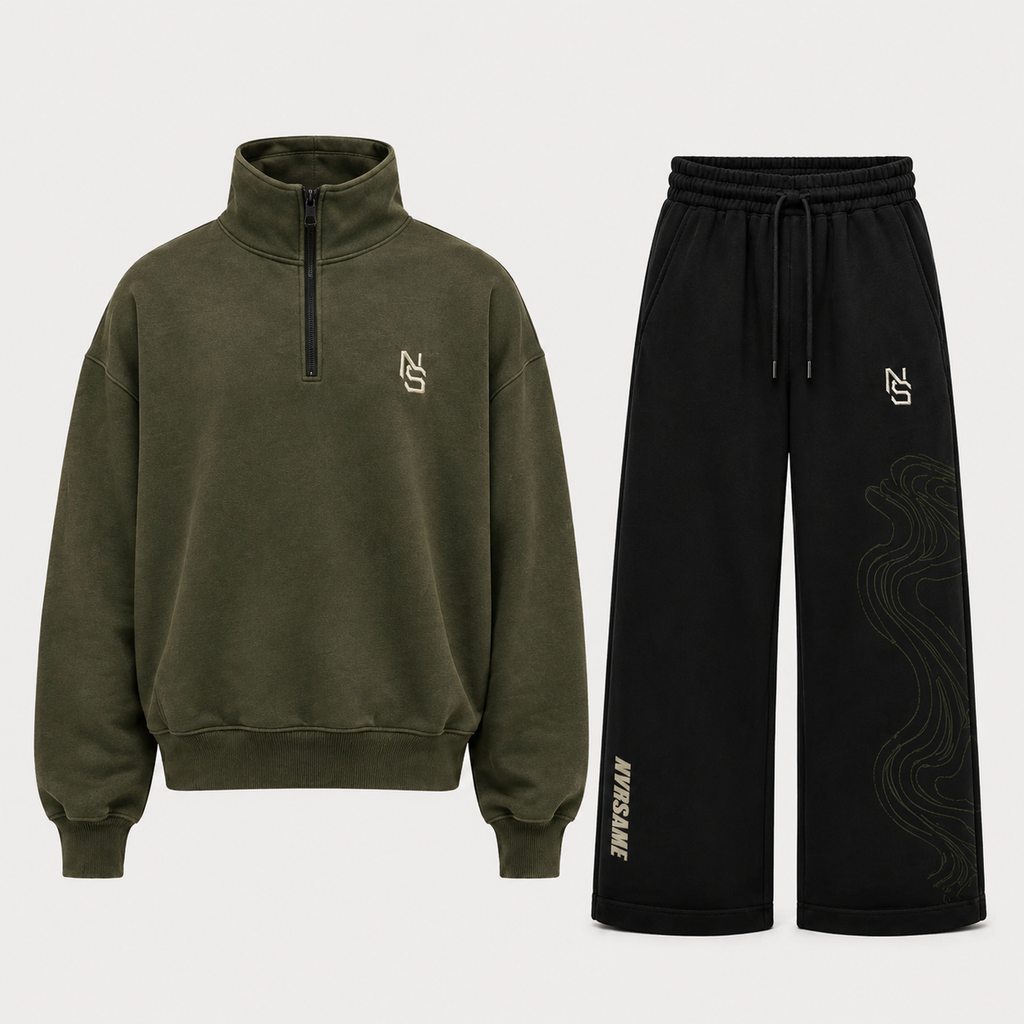 NVRSAME® OLIVE SET – Heavyweight Quarter Zip & Wide Leg Pants
