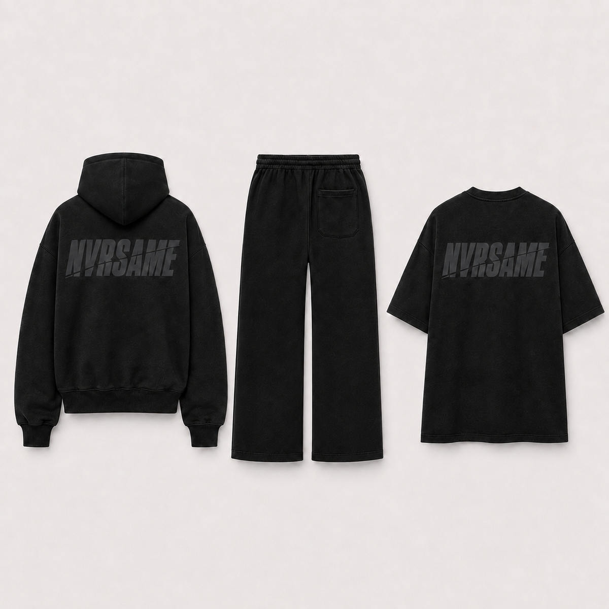 NVRSAME Core Black 3-Piece Set – Rückansicht mit NVRSAME Backprint