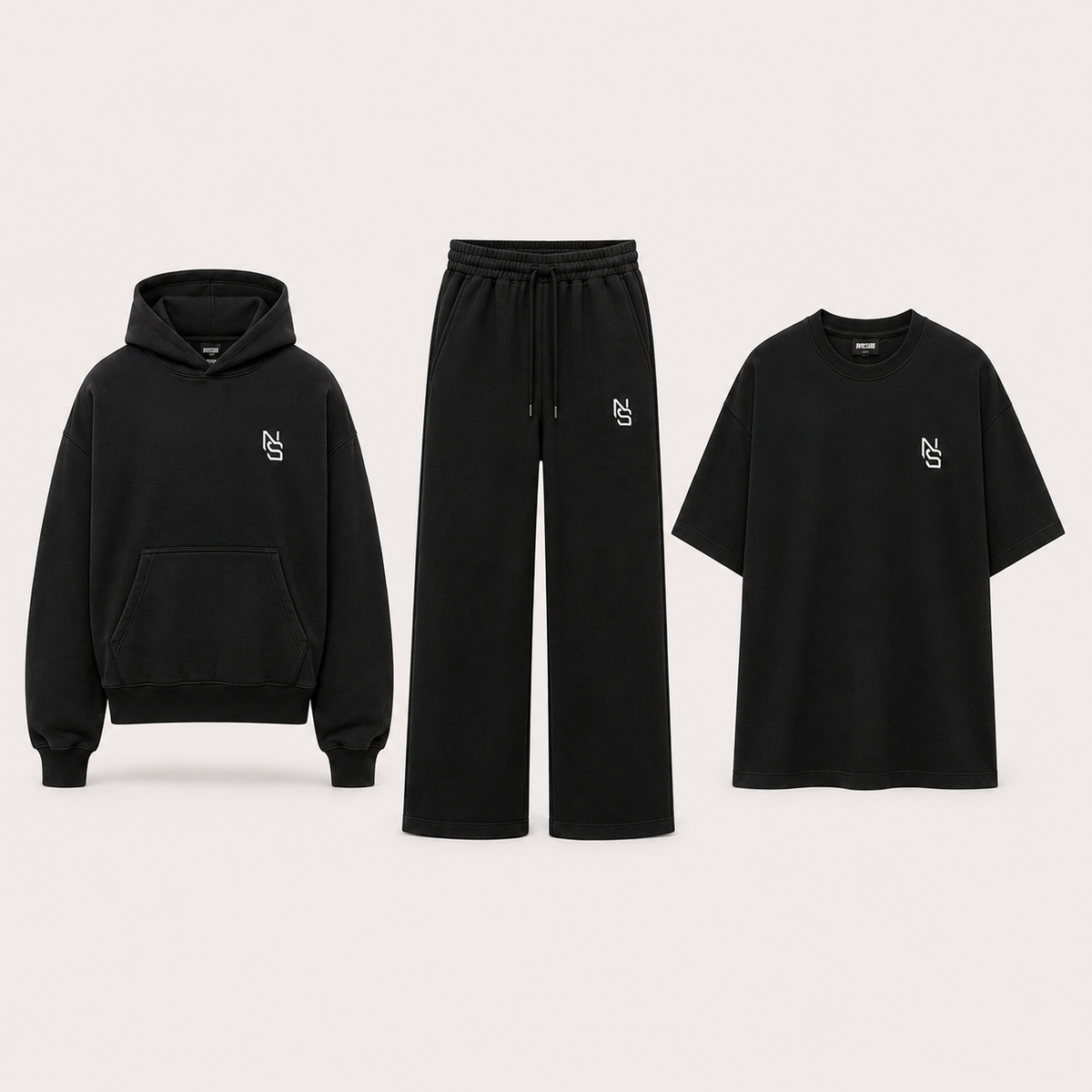 NVRSAME Core Black 3-Piece Set – Vorderansicht: Hoodie, Wide-Leg Pants und T-Shirt