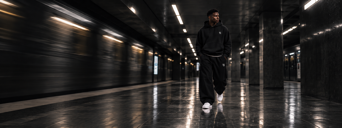 NVRSAME Core Black — schwarzer Oversized Hoodie und weite Pants in einer U-Bahn-Station bei Nacht