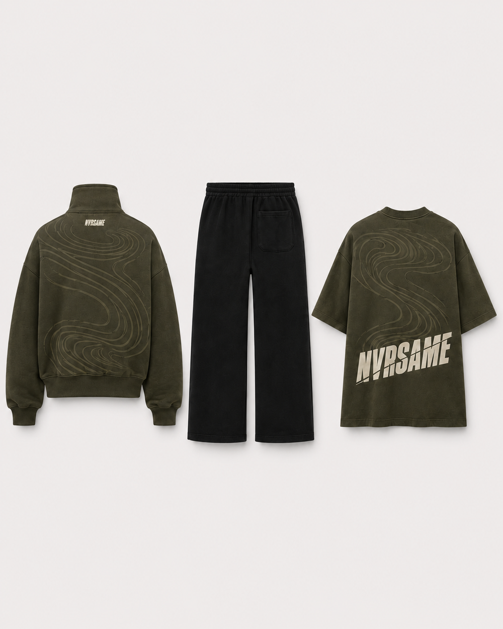 NVRSAME Olive Motion 3-Piece Set – Rückansicht mit Flow-Design und NVRSAME Backprint