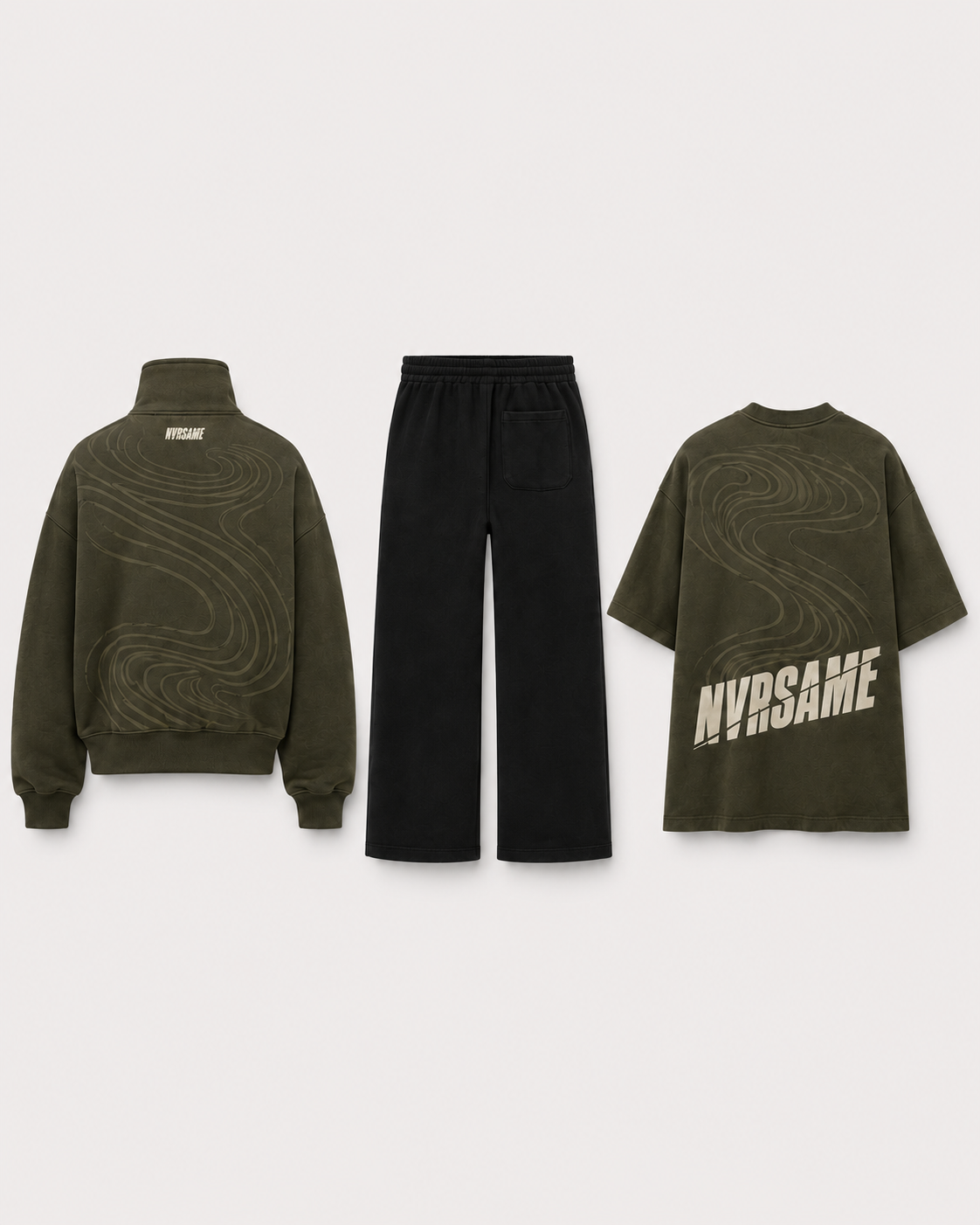 NVRSAME Olive Motion 3-Piece Set – Rückansicht mit Flow-Design und NVRSAME Backprint