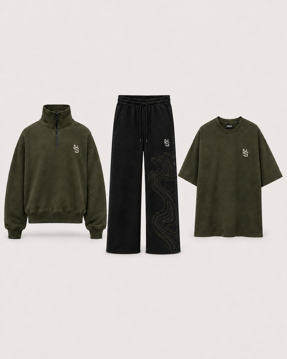 NVRSAME Olive Motion 3-Piece Set – Vorderansicht: Half-Zip, Wide-Leg Pants und T-Shirt