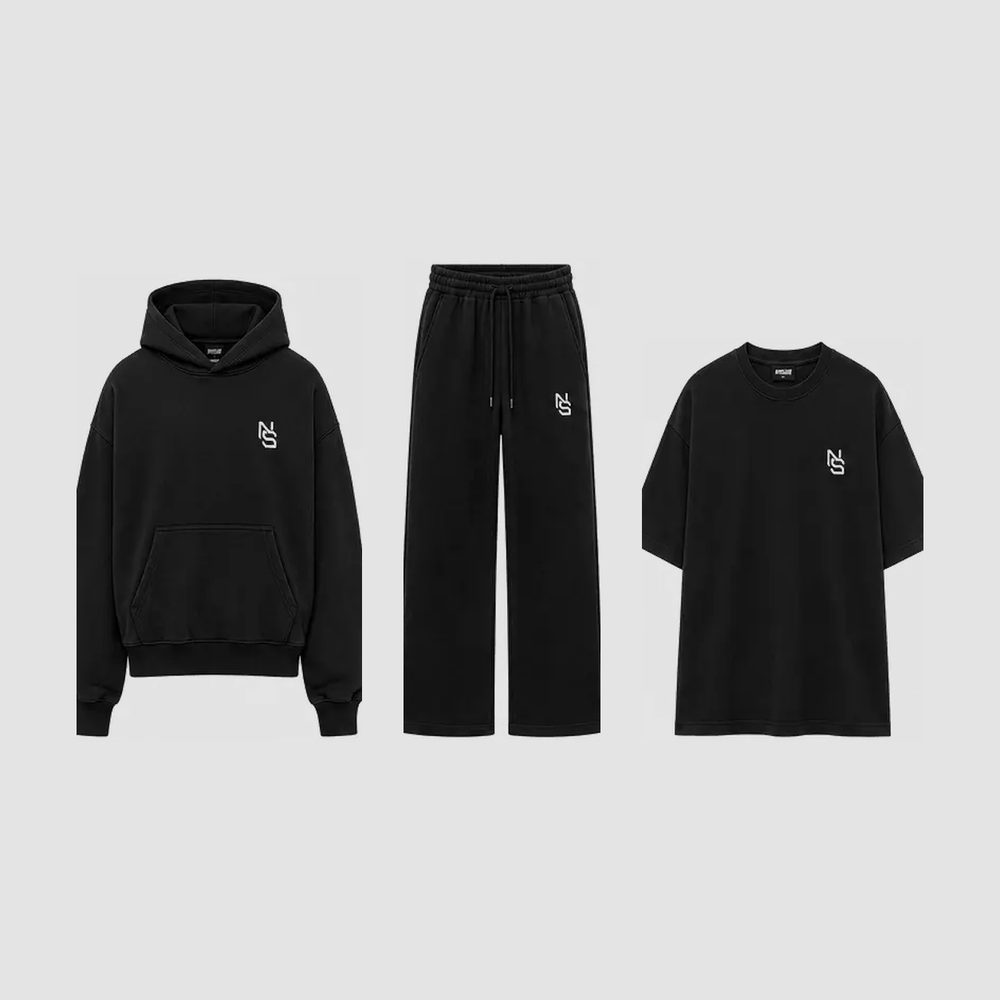 NVRSAME Core Black 3-Piece Set – Hoodie, Wide-Leg Pants und T-Shirt