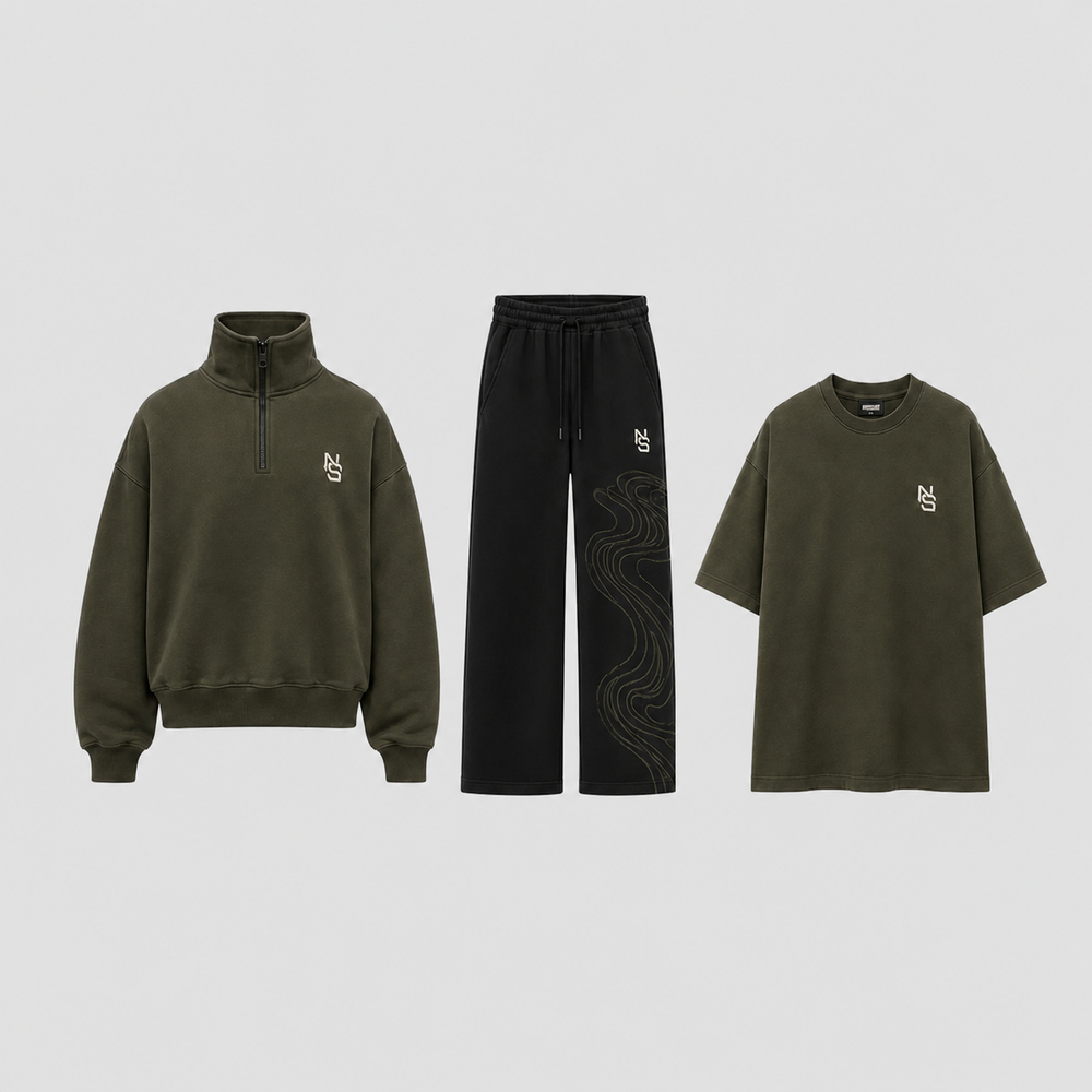 NVRSAME Olive Motion 3-Piece Set – Half-Zip, Wide-Leg Pants und T-Shirt